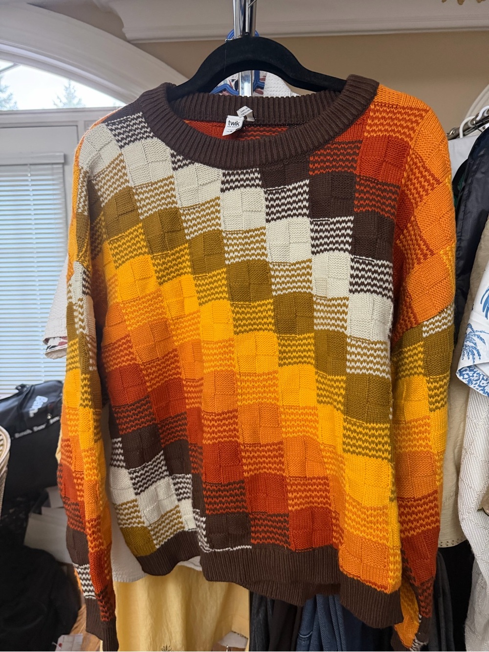 Simons Twik Brown, Orange & Cream Patchwork Knit Sweater